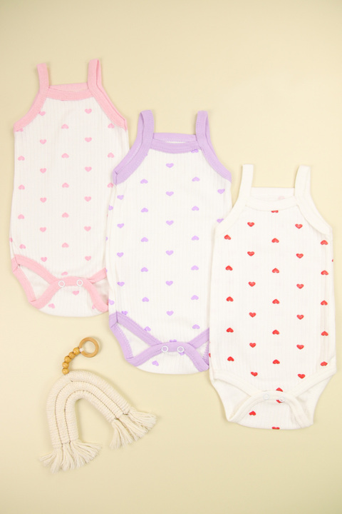 Lindakids Fitilli Kumaş % 100 Pamuk Kalp Desenli İp Askılı Çıtçıtlı 3'lü Kız Bebek Body/Zıbın