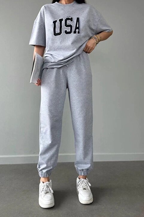 CLAYES Usa T-shirt Eşofman Altı Jogger- Gri Baskılı Alt Üst Eşofman Takım Oversize Bisiklet Yaka