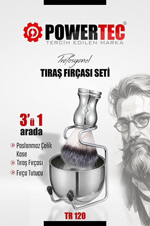 Powertec TR-120 Profesyonel Paslanmaz Çelik Tıraş Fırçası Seti 3'ü 1 Arada