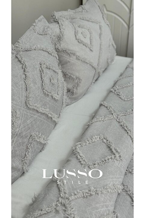 lusso stile Iskandinav Jasmin Çift Kişilik Yatak Örtüsü 250x260 Ve 2 Adet Yastık Gümüş Gri