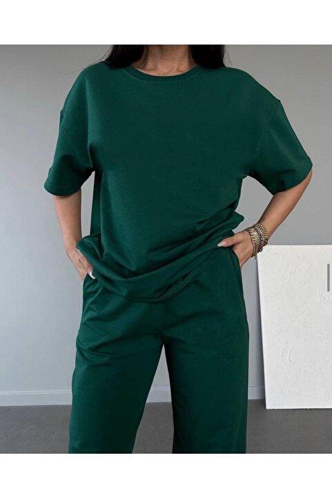 DUBU BUTİK Basic T-shirt Eşofman Altı Jogger - Yeşil Düz Alt Üst Eşofman Takımı Oversize Bisiklet Yaka