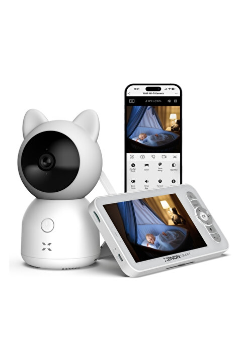 Xenon Smart Akıllı Bebek Kamerası 3MP 5" LCD Monitör, 360°, Mobil Kontrol, Ninni, Hareket Algılama, Gece Görüş, Telsiz (Gri-X7202)