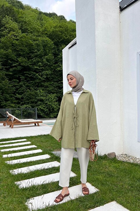 My Blog Haki %100 Pamuk Keten Bağcık Detaylı Kimono Bluz