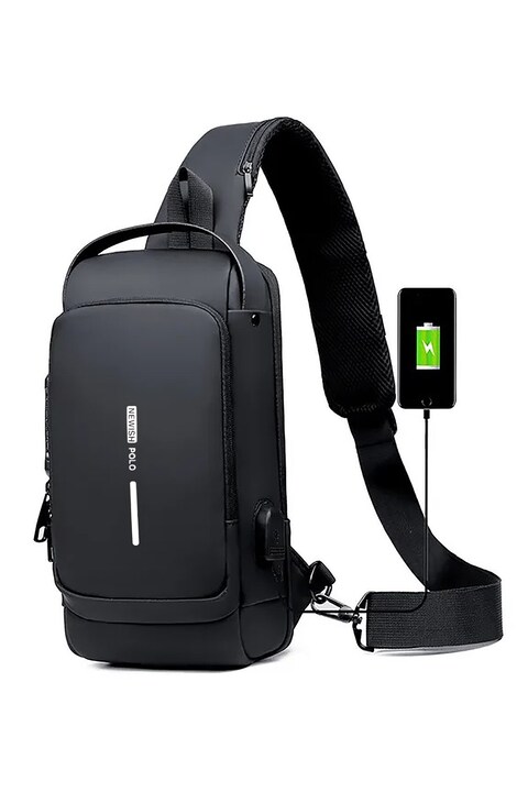 Newish Polo Erkek Siyah Usb Çıkışlı Çapraz Askılı Omuz ve Bel Çantası new222