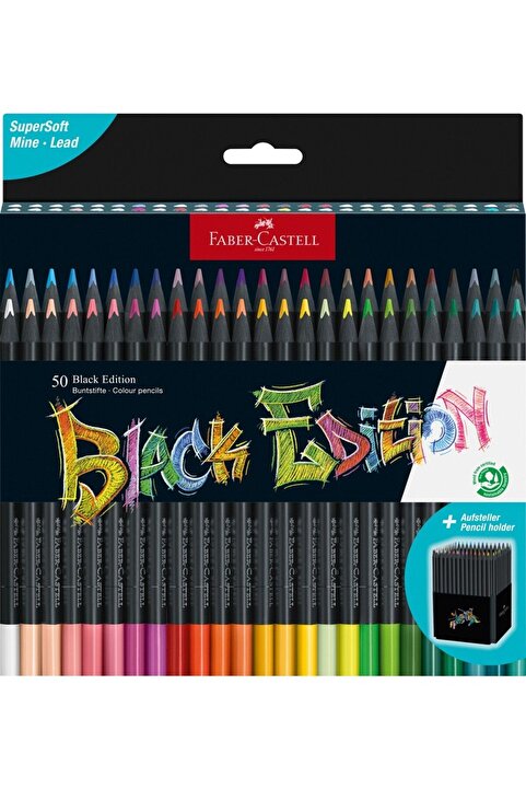 Faber Castell Black Edition, 50'li Kutu, Parlak Renkler,Ergonomik Üçgen Siyah Gövde,Yüksek Pigmentli