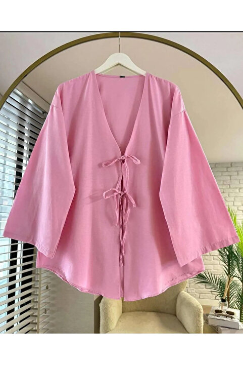 Giyim Gezegeni önü baglamalı kimono tesettür tunik gömlek yeni sezon Önü Bağlamalı Pembe tesettür tunik