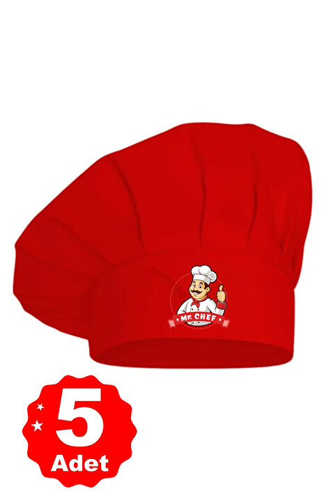 enmalife 5li Kırmızı Üzeri Mr. Chef Logo Baskılı Şef Aşçı Şapkası Mantar Kep