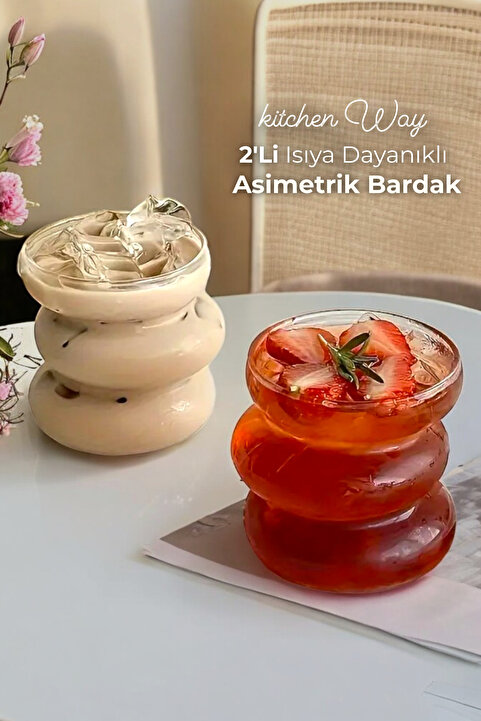 Kitchen Way Isıya Dayanıklı Asimetrik Şerit Stil 2Li Bardak 500ML Kahve Sunum Kokteyl Bardak Pipet Hediye KW-132