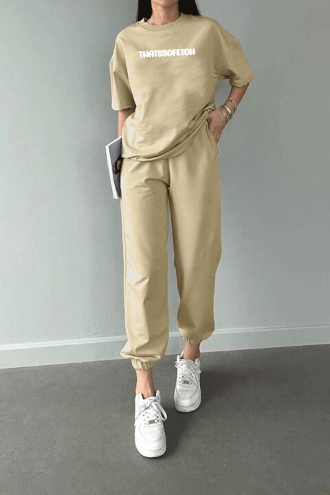 DUBU BUTİK T-shirt Eşofman Altı Jogger - Bej Thatsoffetch Baskılı Eşofman Takımı Oversize Bisiklet Yaka