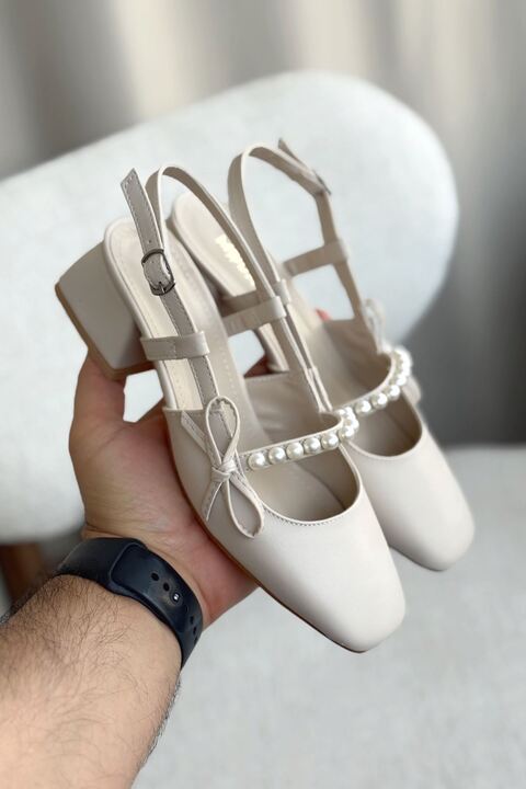 GOFFSHOES Kadın Maste İncili Kısa Topuklu Ayakkabı - Ten Deri