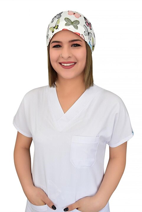 Nur Ortopedi Unisex Yeşil Kelebek Likralı Cerrahi Doktor Hemşire Hastane Medikal Aşçı Bonesi