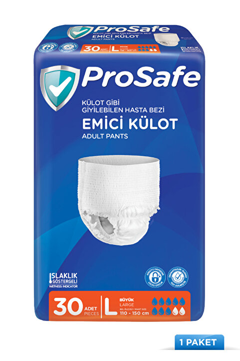 PROSAFE Külotlu Yetişkin Hasta Bezi Emici Külot Islaklık Göstergeli Bel Ölçüsü 110-150cm Büyük (L) 30'lu