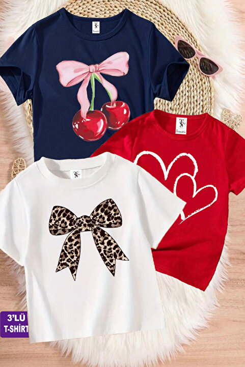 twins tailors Kurdale Ve Kalp Baskılı 3'lü Paket Lacivert-Kırmızı-Beyaz Kız Çocuk T-shirt