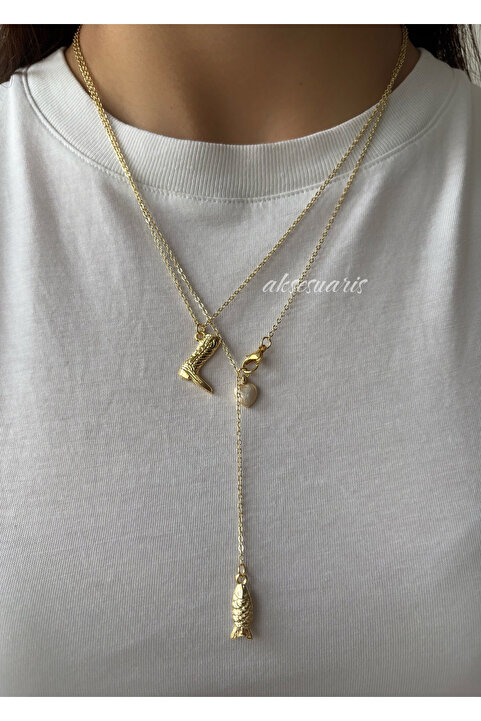 aksesuaris 2'li Kovboy Dekolte Charm Gold Kolye Set