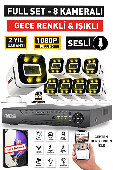 IDS SESLİ - 8 KAMERALI FULLHD GECE RENKLİ VE IŞIKLI GÜVENLİK KAMERASI - KAMERA SETİ HARD DİSKSİZ