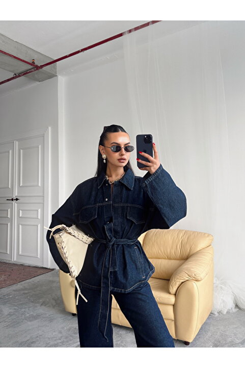 POP STORY Koyu Lacivert Bağlamalı Denim Takım Oversize Ceket ve Yüksek Bel Pantolon