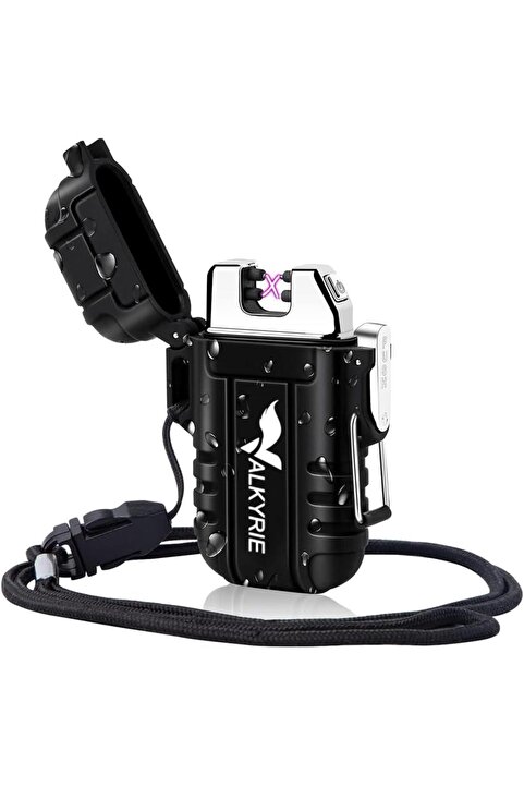 valkyrie Su Geçirmez Şarjlı USB Çakmak Çift Ark Gazsız Plazma Elektrikli Alevsiz Çakmak Siyah