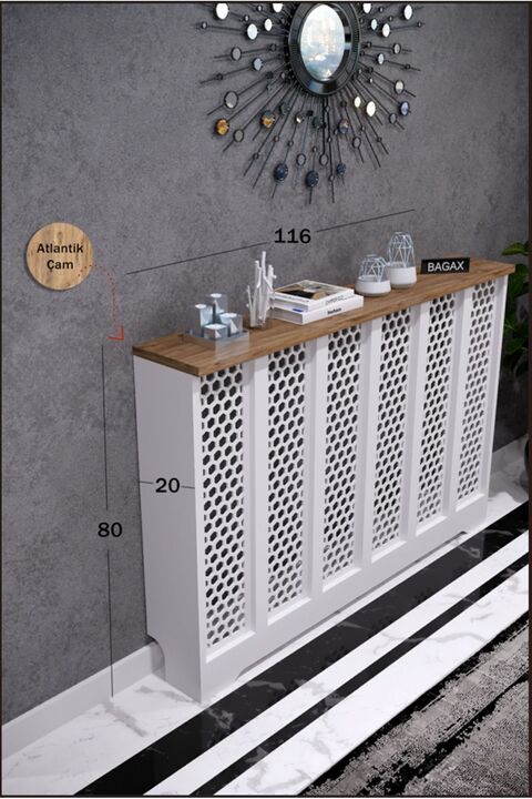 BAGAX Petek Üstü Dekoratif Dresuar – Kalorifer Gizleme Antre Konsolu | Dar Alanlar İçin Modern ( iç 116 ) ( dış 120 cm ) D6