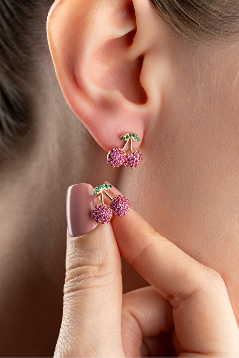 Silvano Jewelry 925 Ayar Gümüş Taşlı Kiraz Çocuk Küpe