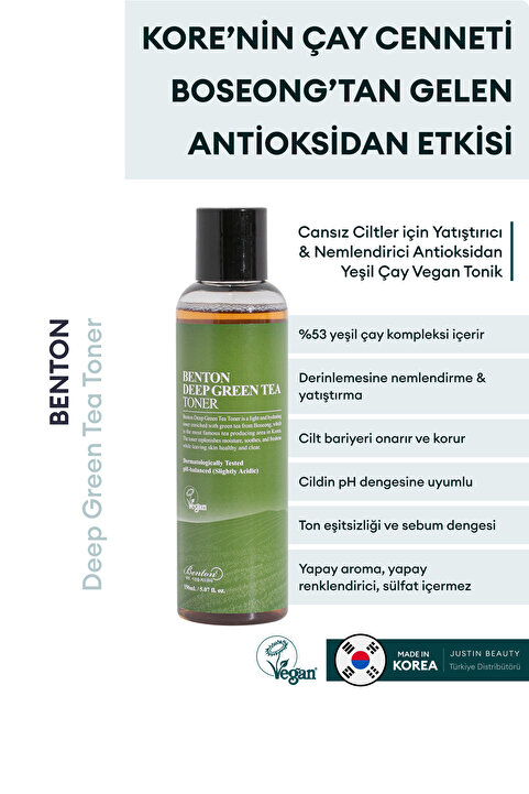 Benton Cansız Ciltler Için Yatıştırıcı & Nemlendirici Antioksidan Yeşil Çay Vegan Tonik 150ml