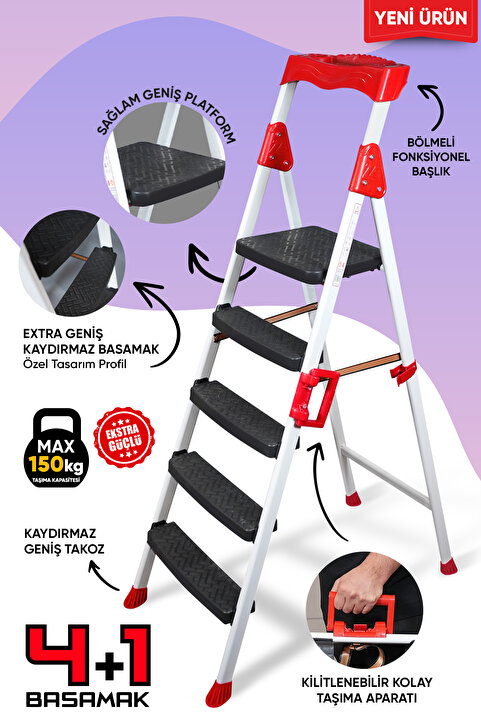 ZE Zigana Ev Gereçleri Elegance 4+1 Geniş Basamaklı Kolay Taşıma Aparatlı Merdiven