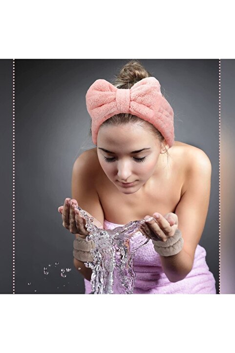 SB SizinBazar Pembe Renkli Peluş Spa Takımı - 2 Adet Havlu Yıkama Bilekliği Ve Elastik Saç Bandı Takımı