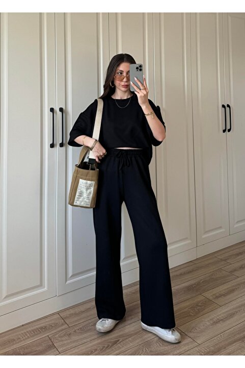 manana fashion Siyah Modal Kumaş Oversize Bisiklet Yaka Kısa Kollu Premium Kalite Eşofman Takımı