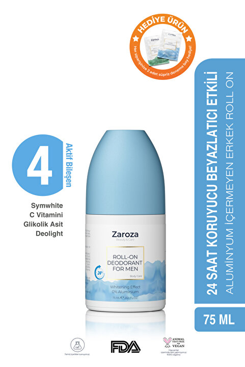 ZAROZA Roll-on For Men | Beyazlatma Etkili 24 Saate Kadar Koruma Aluminyum Içermeyen Erkek Roll On - 75 ml