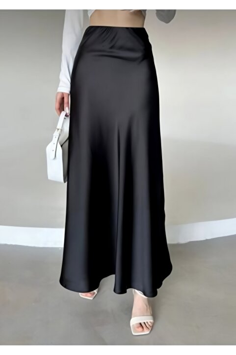 Ezva Kadın Şık parlak Saten Kemeri Lastikli 95cm Kloş Maxi Boy Etek