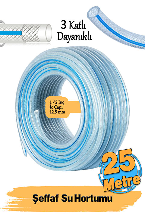 Badem10 12.5 mm 1/2 Örgülü Şeffaf Bahçe Su Hortumu 25 Metre Dayanıklı 3 Katlı Sağlam Sulama Yıkama Hortum