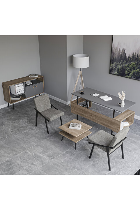 lagomood İrony Maxi İki Koltuklu Ofis Takım Antrasit Ceviz