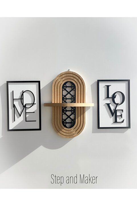 Step and Maker Dekoratif Ahşap Duvar Rafı Home Love Tablo 3'lü Set Salon Süsü