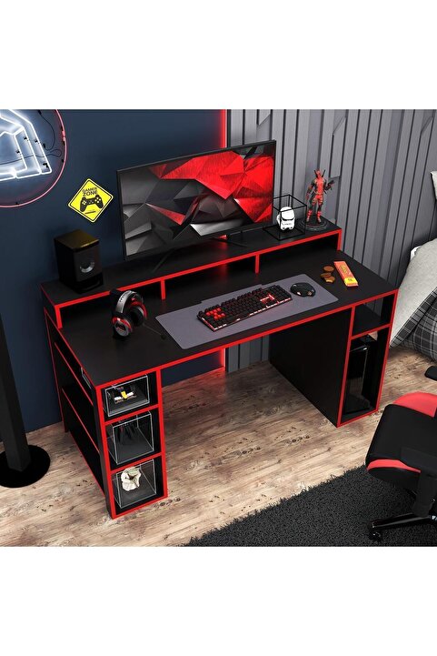 Bimossa Dina Oyuncu Masası Siyah Kırmızı 140 Cm Geniş Yüzey Rahat Çalışma Alanı Sade Şık Gaming Masa