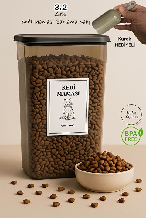 Dem Home Kedi Maması Saklama Kabı 3,2 Lt. Antrasit Renk Plastik Düzenleyici