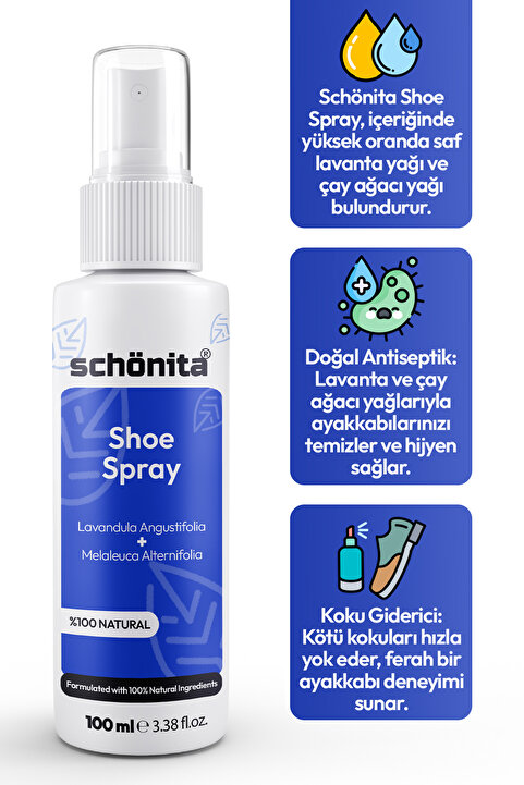 SCHÖNİTA Ayakkabı Koku Önleyici Sprey - Lavanta ve Çay Ağacı Yağı İçerikli - Shoe Spray - 100ml