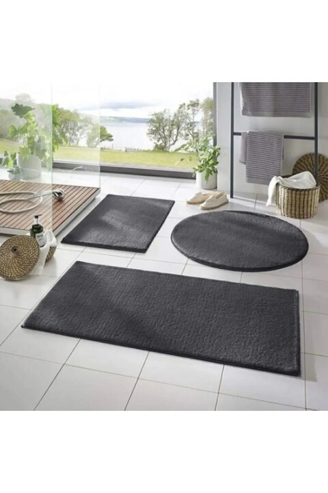 Sarar 3'lü Banyo Paspası Halısı Peluş Halı Klozet Takımı Koyu Gri 50x90-50x60--50x50(yuvarlak)