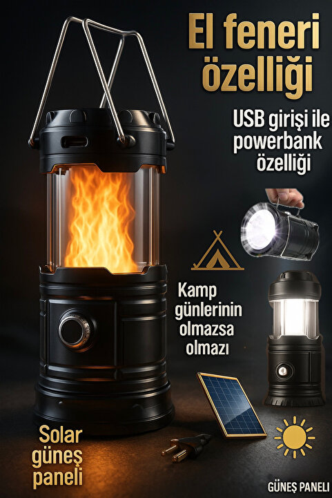 VOLEMİ Şarjlı Powerbank Özellikli Kamp Lambası Güneş Enerjili Kızaklı Kamp Feneri Led Lamba Işıldak