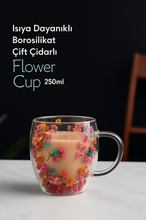 Keyfi Sepet Keyfisepet En Keyifli Sepet Isıya Dayanıklı Borosilikat Çift Çidarlı Flower Cup Çiçekli Bardak