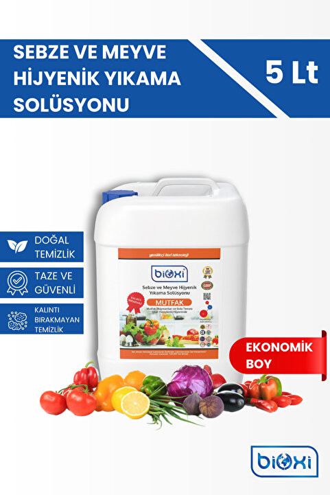 Bioxi Sebze Meyve Yıkama ve Mutfak Yüzey Hijyen Solüsyon, Doğal ve Kalıntı Bırakmayan Solüsyon 5 Lt