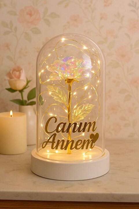 etxShop Anneler Günü Canım Annem Yazılı Anneler Günü Led Işıklı Solmayan Güllü Fanus Gece Lambası Dekor Süs