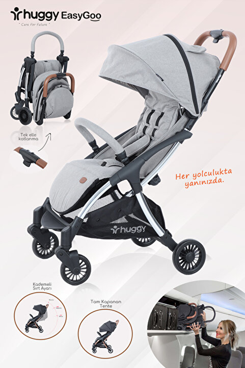 Huggy Easy Go Kabin Boy Hafif ve Portatif Otomatik Katlanır Bebek Arabası Gri