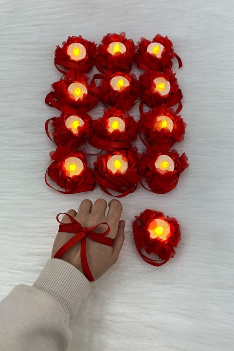 ZEYMERADE Kırmızı Ledli Kına El Mumu, Tealight Mum Pilli 6 Adet, Sünnet, Led Işıklı, Düğün, Nedime, Bride