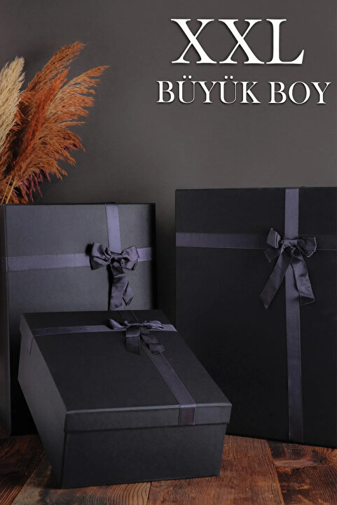 SİMGE KUTU Büyük Boy XXL Siyah 3'lü Kurdeleli Siyah Kutu Hediye Kutusu