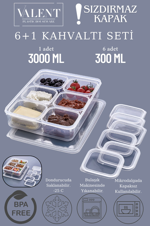 VALENT 7 Parça Kahvaltılık 6artı1 Sızdırmaz Saklama Kabı 3000ml x1 300ml x6 - Şeffaf Buzdolabı Düzenleyici