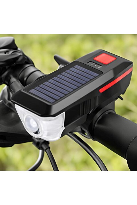 busstier Güneş Enerjili USB Şarjlı LED Bisiklet Feneri 120dB Korna Su Geçirmez Ön Far Işığı