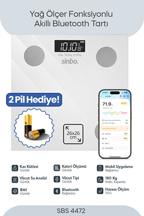 Sinbo SBS-4472 Bluetooth Dijital Yağ Su Kas Vücut Kitle Endeksi Kilo Ölçer Tartı Baskül