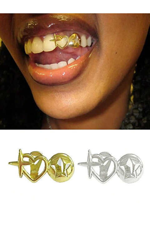 La Saade Y2k Gold Rengi Yıldız ve Kalpli Üçlü Teeth Grillz Gems Diş Taşı Aksesuar