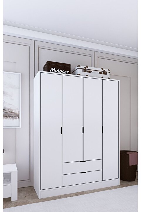 midoser 140 Cm Mat Beyaz 4 Kapılı 2 Çekmeceli Elbise Dolabı - Gardırop