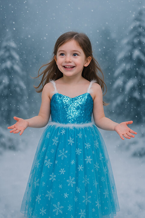 Parti Selesi Elsa Kostümü - Frozen Elbise - Askılı Tarlatanlı - Eldiven Taç Asa Kostüm