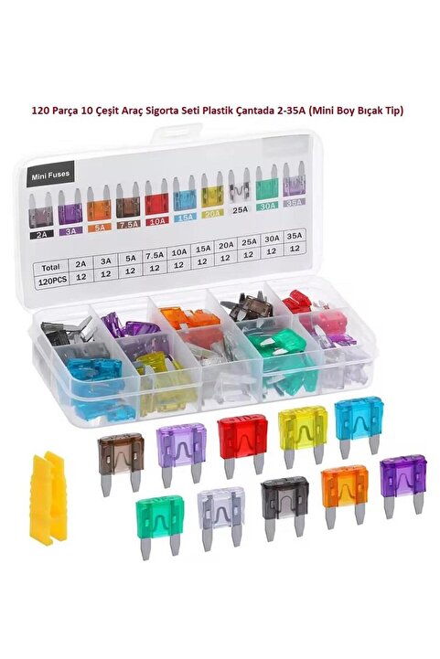 Hatfon Elektronik 120 Parça 10 Çeşit Araç Sigorta Seti Plastik Çantada 2-35A (Mini Boy Bıçak Tip)